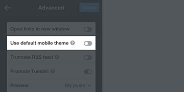 Screenshot of how to turn off Tumblr’s default mobile theme
